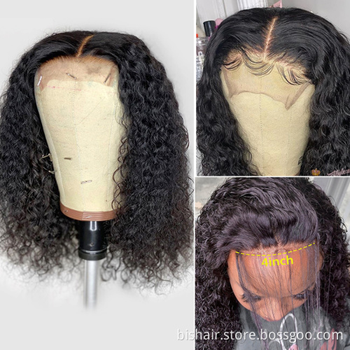 BIS Bob 4*4 Curly Wave Human Hair Closure Wig With Natural Color Bob Transparent Frontal Lace 150 Density Bob Wigs  For Woman